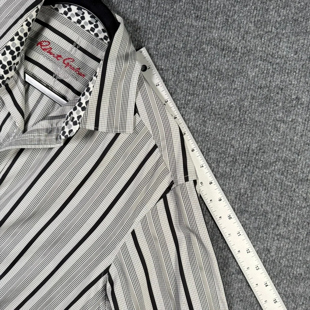 Robert Graham Button Down Shirt Mens L Large Grey Black Striped Contrast Cuff